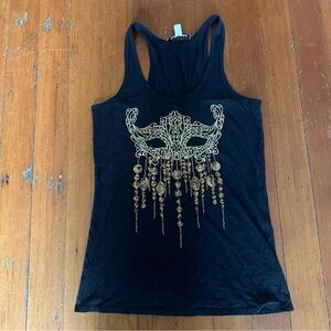 Andrew Charles Beaded Embroidered Masquerade Mask Graphic Black Racerback Tank